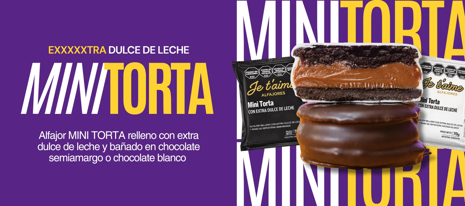 Minitorta: alfajor mini torta relleno con extra dulce de leche, bañado en chocolate semiamargo o chocolate blanco